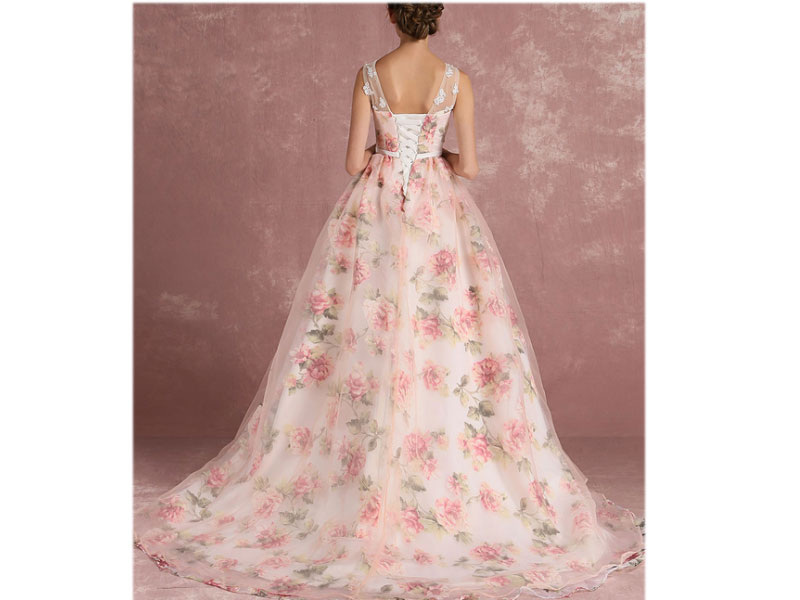 Women's Pink Prom Dresses 2021 Long Floral Print Organza Pageant Dress