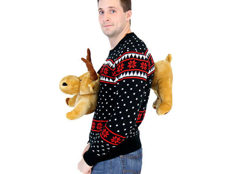 Black 3-D Ugly Christmas Sweater with Stuffed Moose For Men And Women