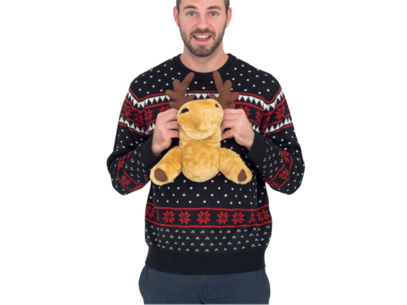 Black 3-D Ugly Christmas Sweater with Stuffed Moose For Men And Women