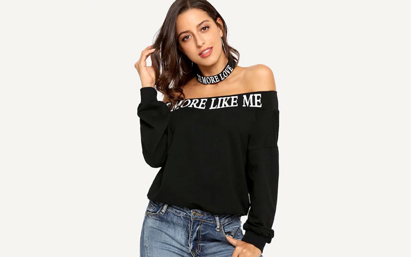 Shein Off Shoulder Letter Print Pullover