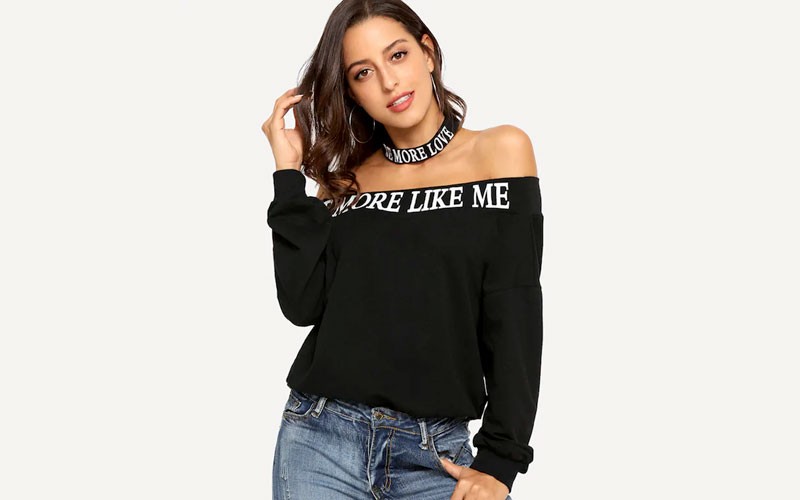 Shein Off Shoulder Letter Print Pullover