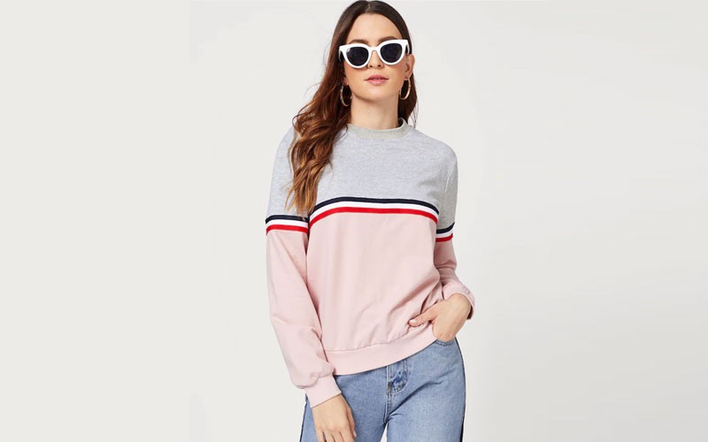 Shein Striped Woven Tape Detail Two Tone Sweatshirt