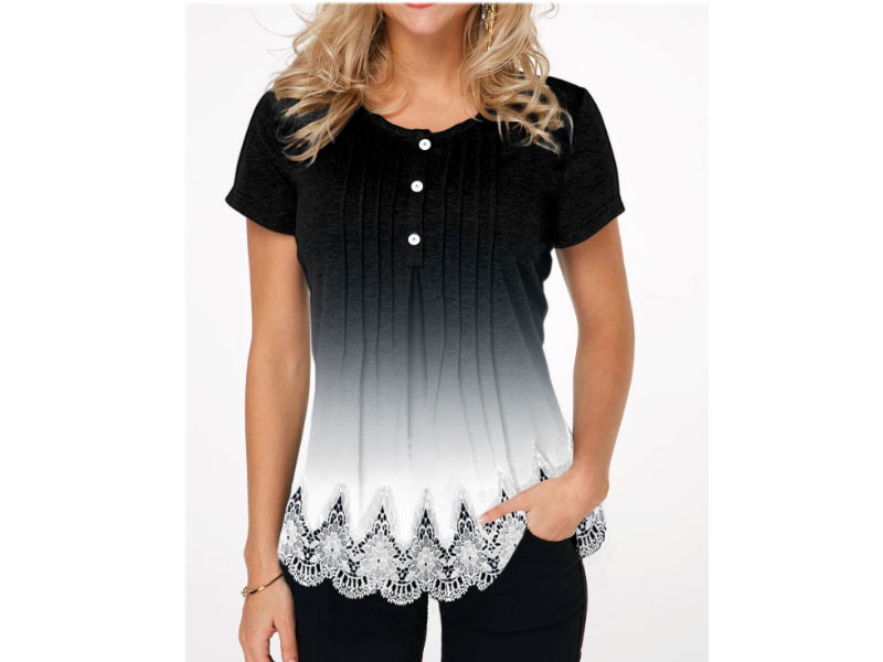 Women's Gradient Lace Hem Button Detail T Shirt