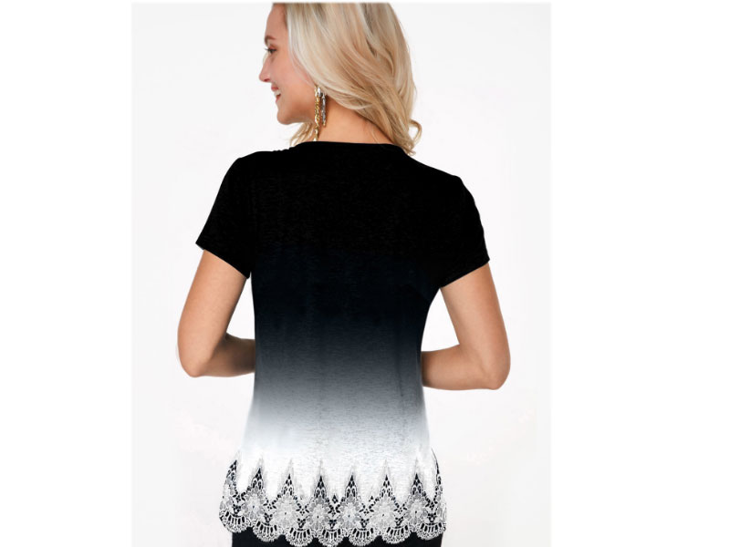 Women's Gradient Lace Hem Button Detail T Shirt