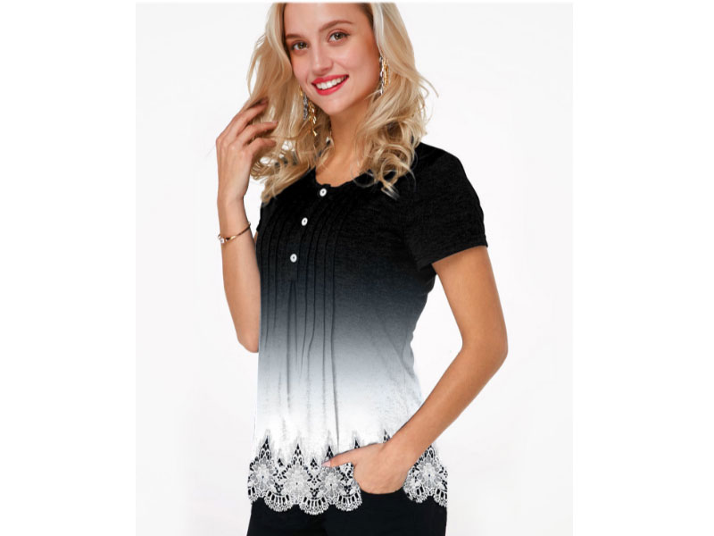 Women's Gradient Lace Hem Button Detail T Shirt