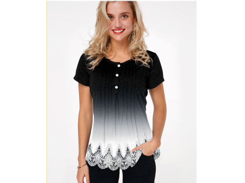 Women's Gradient Lace Hem Button Detail T Shirt