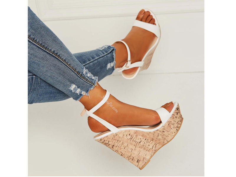 Shoespie Ankle Strap Platform Line-Style Buckle White Wedge Sandals