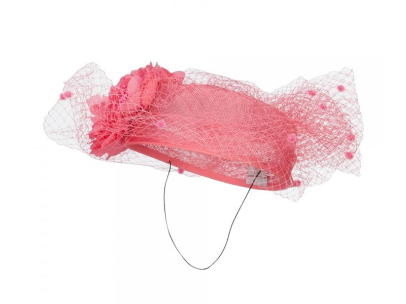 Net Pom Pom Pillbox Fascinator Coral