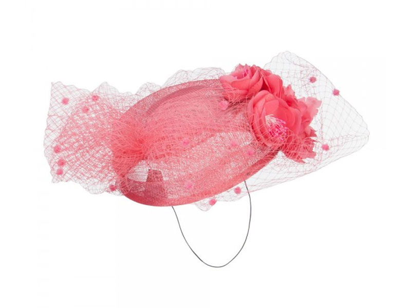 Net Pom Pom Pillbox Fascinator Coral