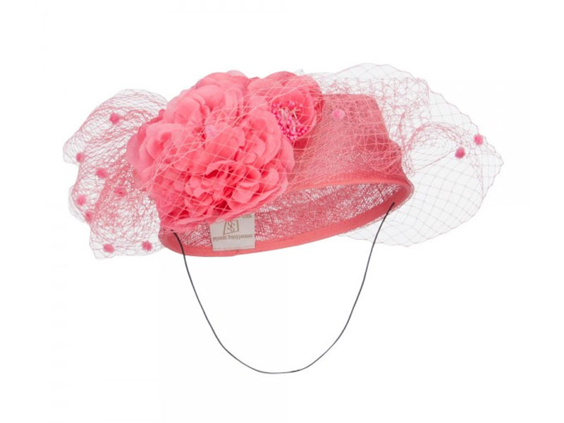 Net Pom Pom Pillbox Fascinator Coral