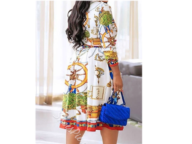 Print Three-Quarter Sleeve Lapel Geometric Women's Dress