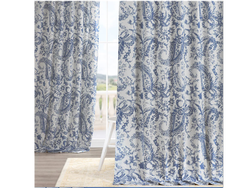 Edina Washed Blue Printed Cotton Curtain