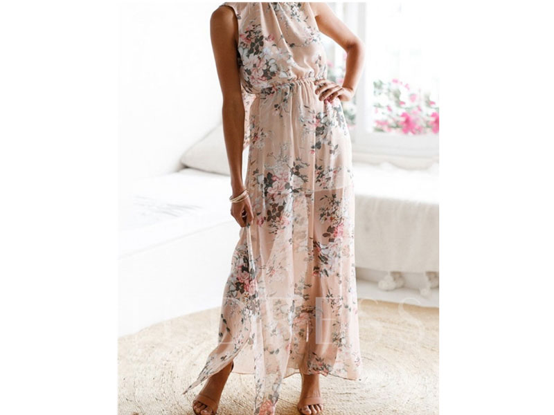 Print Sleeveless Stand Collar Ankle-Length Mid Waist Women's Dress