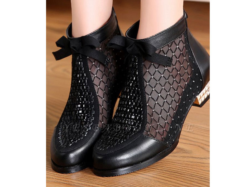 Women's Black Chunky Heel Bowknot Casual Mesh Boots