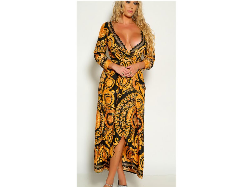 Women's Gold Black Long Sleeve Graphic Print Wrap Dress