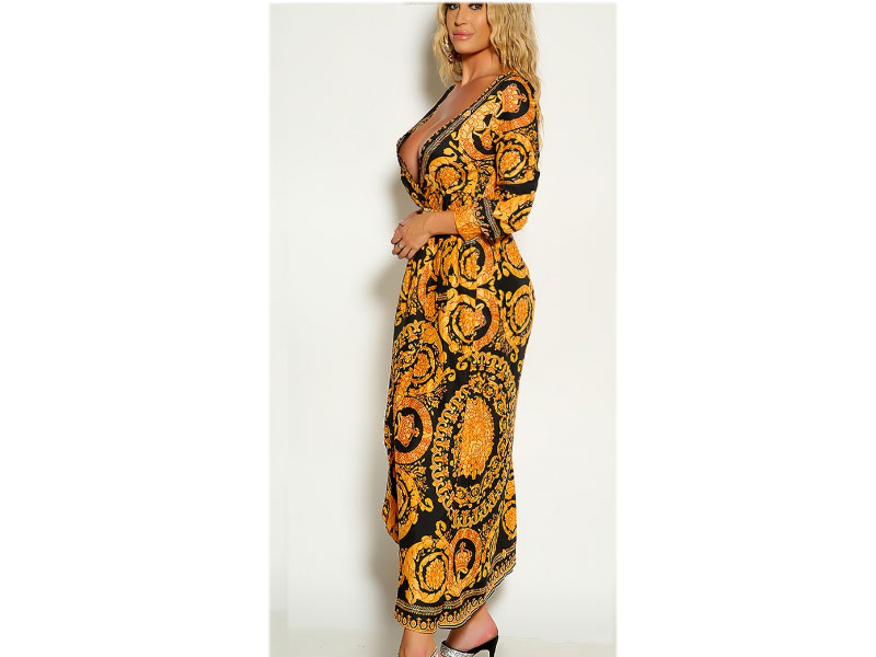 Women's Gold Black Long Sleeve Graphic Print Wrap Dress