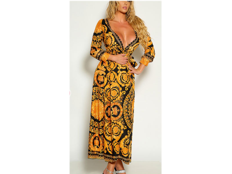 Women's Gold Black Long Sleeve Graphic Print Wrap Dress