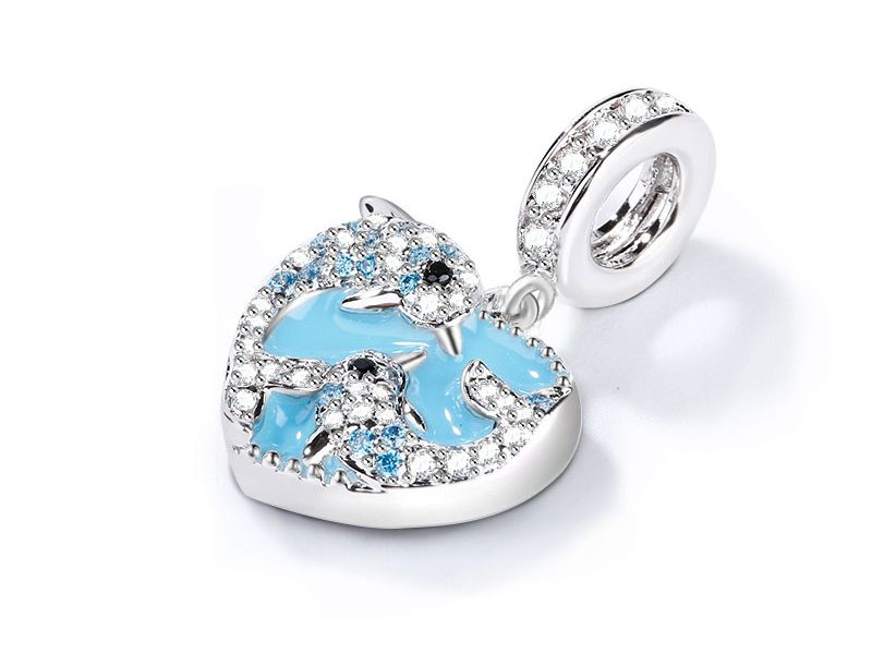 Women's Dolphin Mother And Baby Photo Charm Bead inlaid with Cz