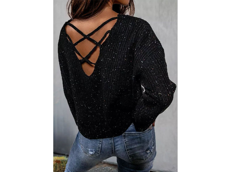 Women's Criss-Cross Drop Shoulder Confetti Knitted Sweater Black