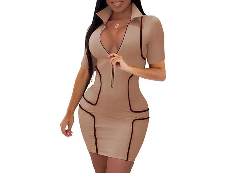 Women's Club Dress Turndown Collar Zipper Short Sleeves Cotton Sexy Dress