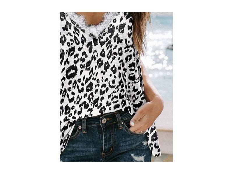 Women's V Neck Leopard Short Sleeve Shirts & Tops