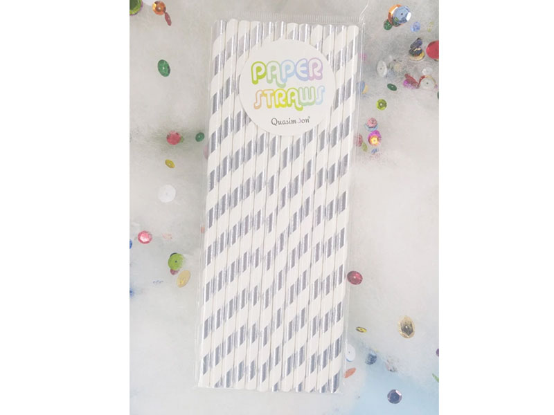 Blowout Silver Metallic Paper Straws Striped Party Pattern (12-PACK)