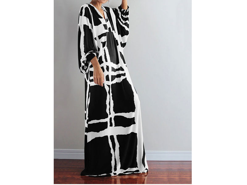 Women's Irregular Plaid Printing V-Neck Long Sleeve Casual Loose Maxi Dress