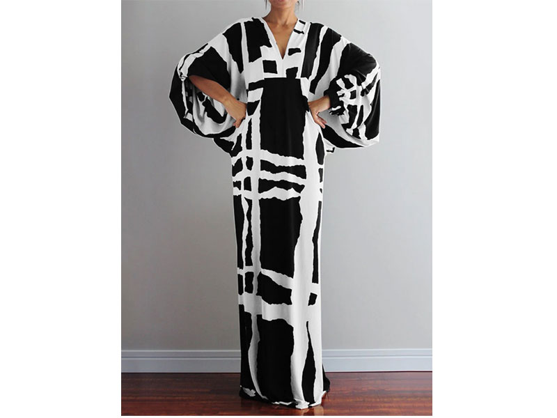 Women's Irregular Plaid Printing V-Neck Long Sleeve Casual Loose Maxi Dress
