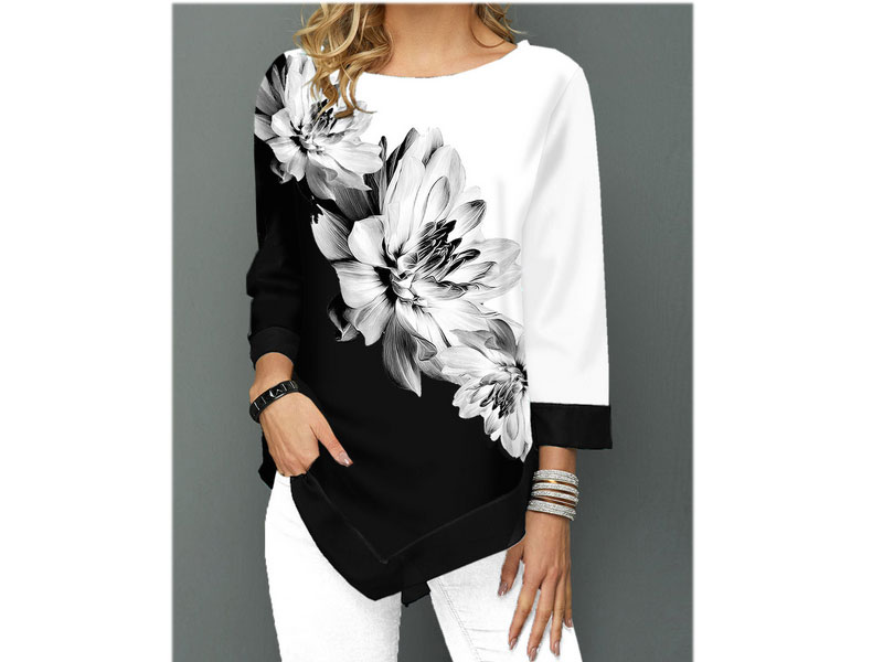 Rotita Women's Asymmetric Hem Three Quarter Sleeve Flower Print T-Shirt