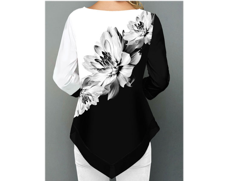 Rotita Women's Asymmetric Hem Three Quarter Sleeve Flower Print T-Shirt