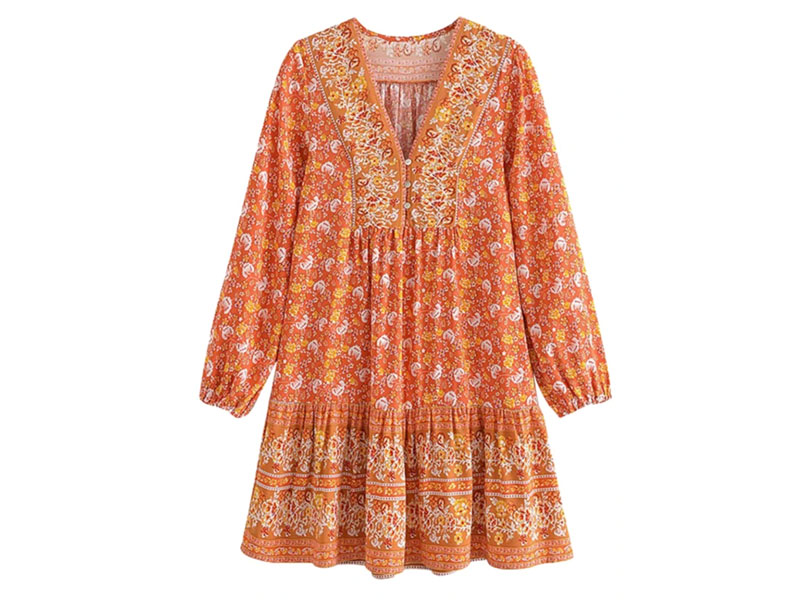 Goodnight Macaroon 'Aubrey' V-Neck Bohemian Print Mini Dress