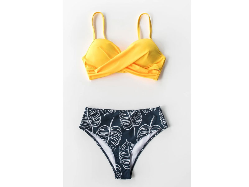 Women's Yellow Twist-Front and Palm Print High Waisted Bikini