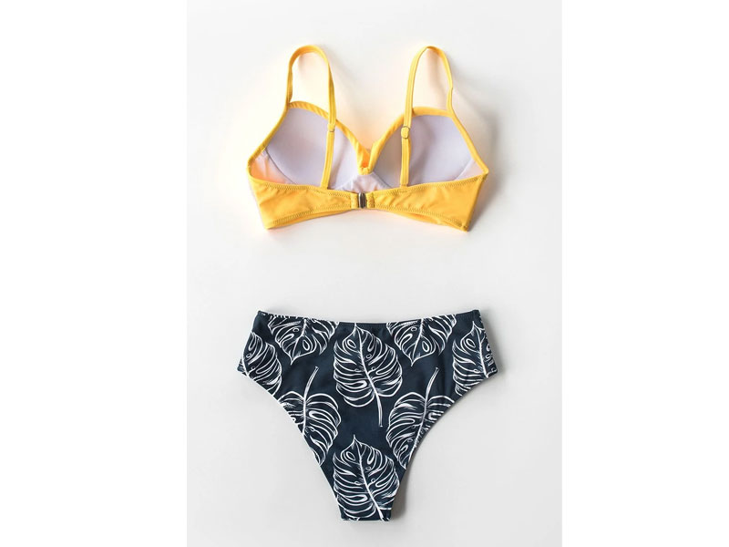 Women's Yellow Twist-Front and Palm Print High Waisted Bikini