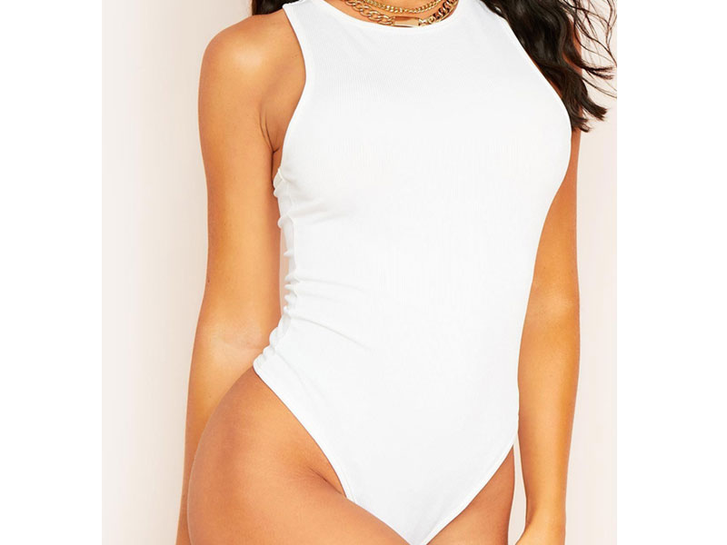 Women's Klara White Crew Neck Ribbed Racer Bodysuit