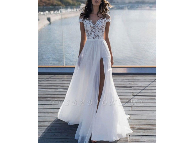 Women's Jewel Slit Lace A Line Wedding Dresses