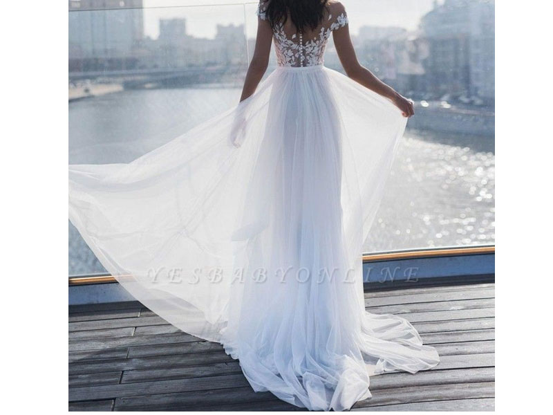 Women's Jewel Slit Lace A Line Wedding Dresses