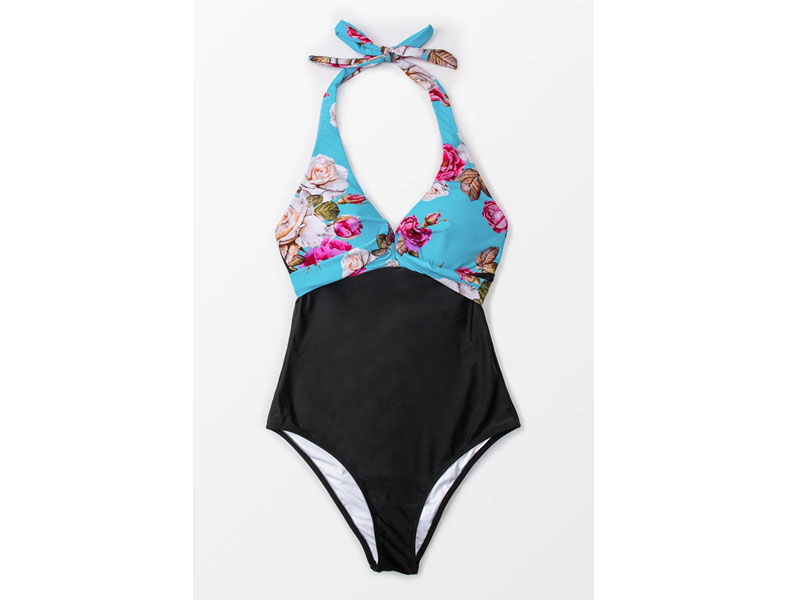 Floral and Black Halter One Piece Swimsuit For Women