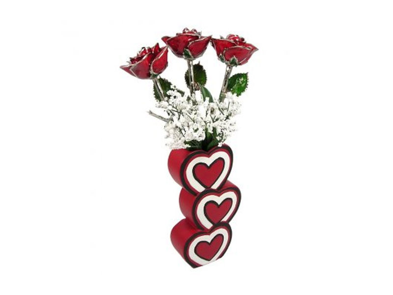 Past Present Future Platinum Trim Roses & 3 Heart Vase