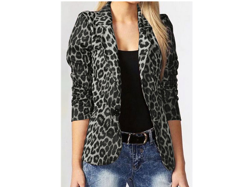 Women's Leopard Print Long Sleeves Button Lapel Jacket