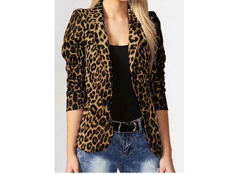 Women's Leopard Print Long Sleeves Button Lapel Jacket