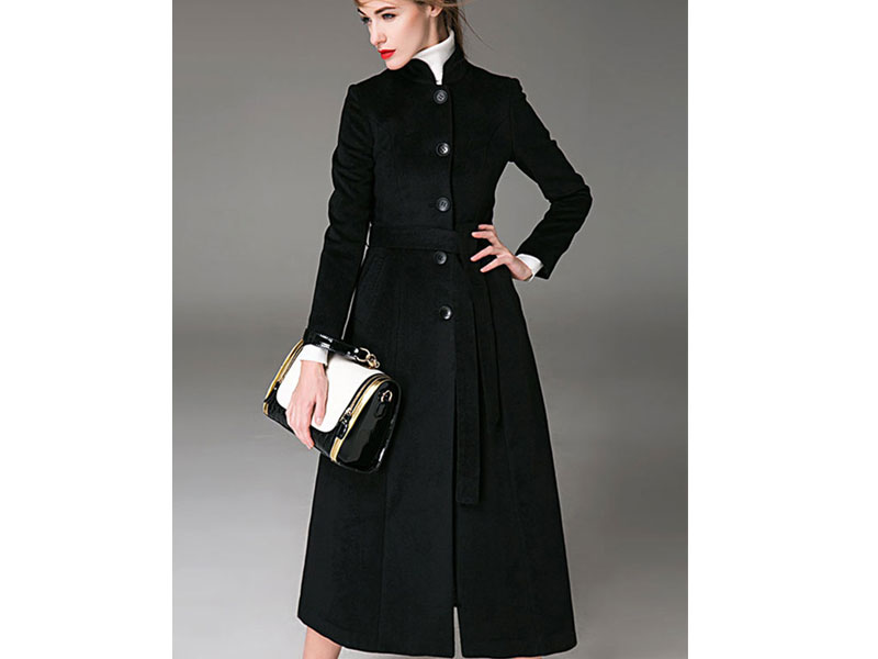 Women's Long Sleeves Button Up Sash Winter Coat