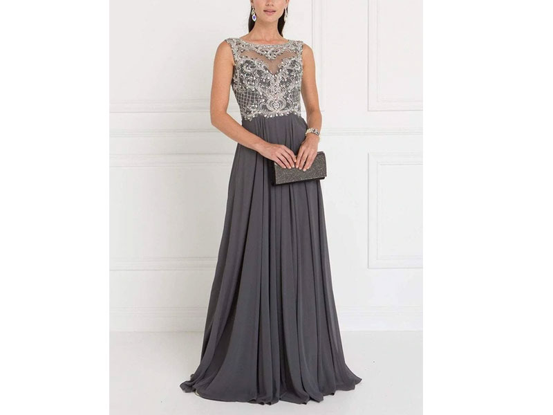 Women's Elizabeth K Jeweled Illusion Chiffon A-line Gown Dress