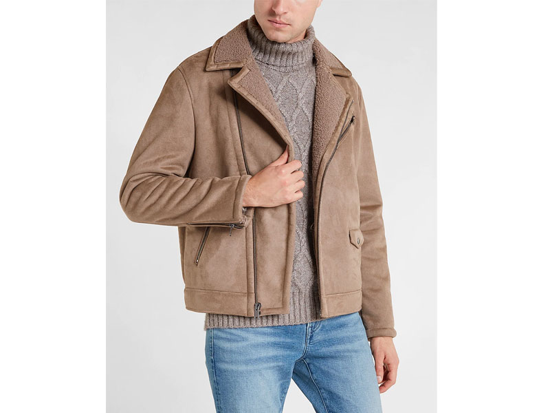 Tan Faux Suede Shearling Moto Jacket For Men