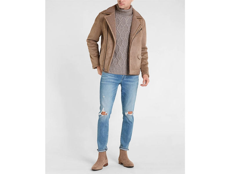 Tan Faux Suede Shearling Moto Jacket For Men