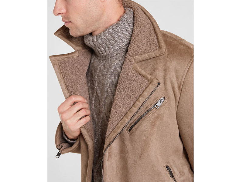 Tan Faux Suede Shearling Moto Jacket For Men