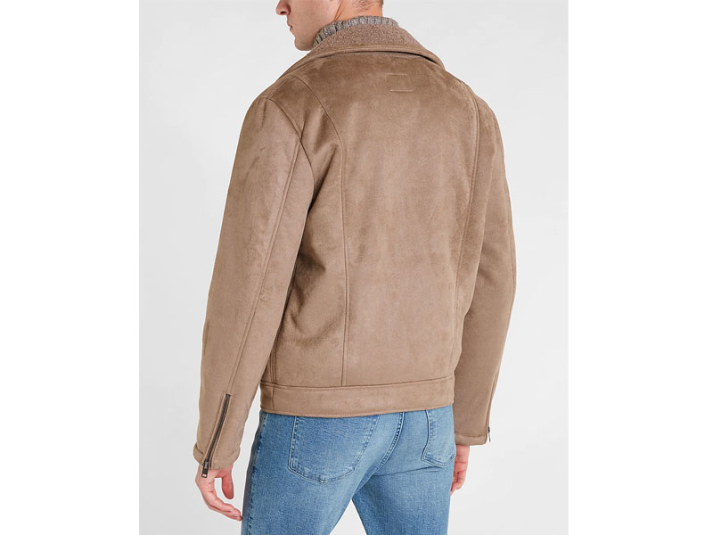 Tan Faux Suede Shearling Moto Jacket For Men