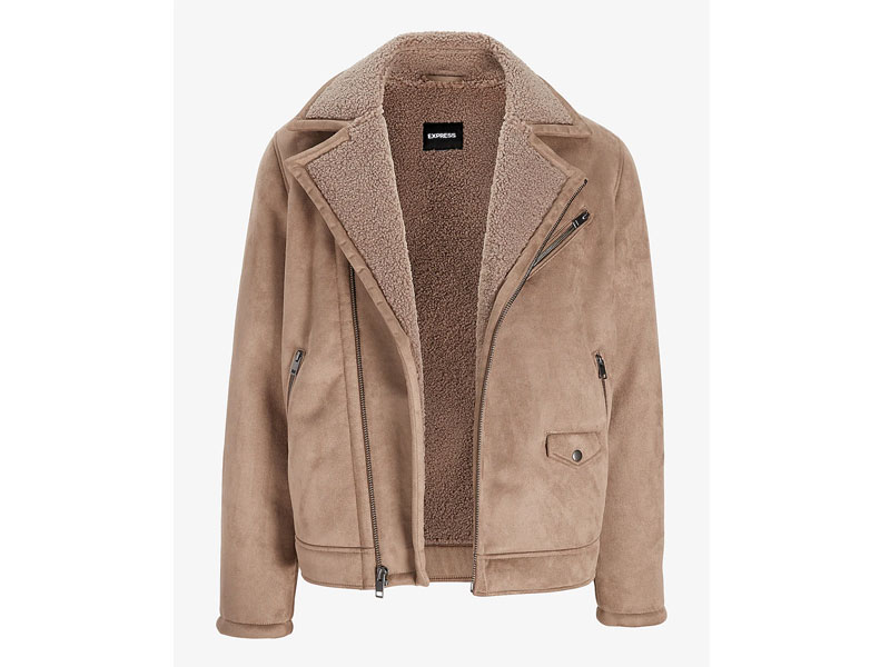 Tan Faux Suede Shearling Moto Jacket For Men