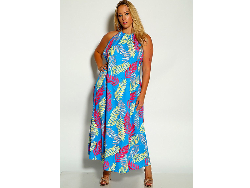 Women's Blue Fuchsia Halter Leaf Print Maxi Dress