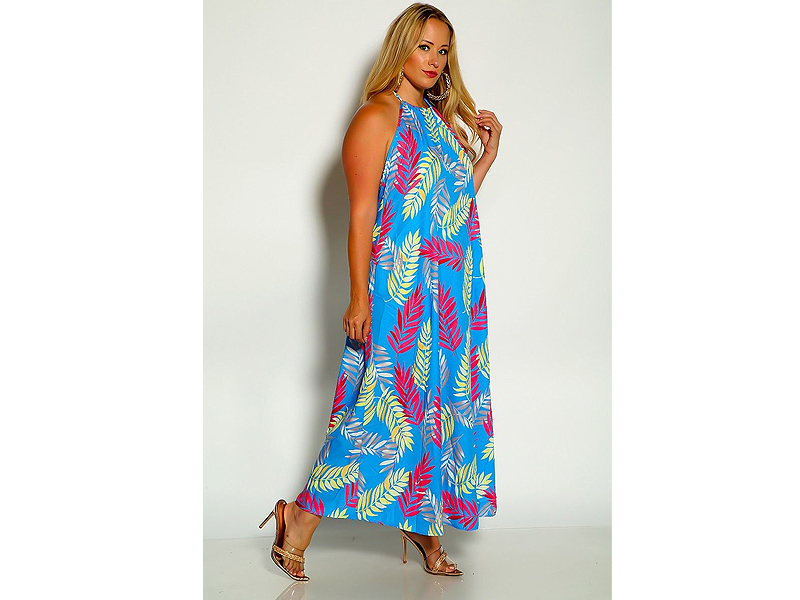 Women's Blue Fuchsia Halter Leaf Print Maxi Dress