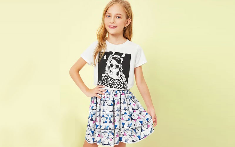 Shein Girls Figure Print Top & Layered Skirt Set